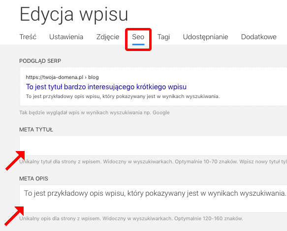 ustawienia wpisu meta tytuł i meta opis